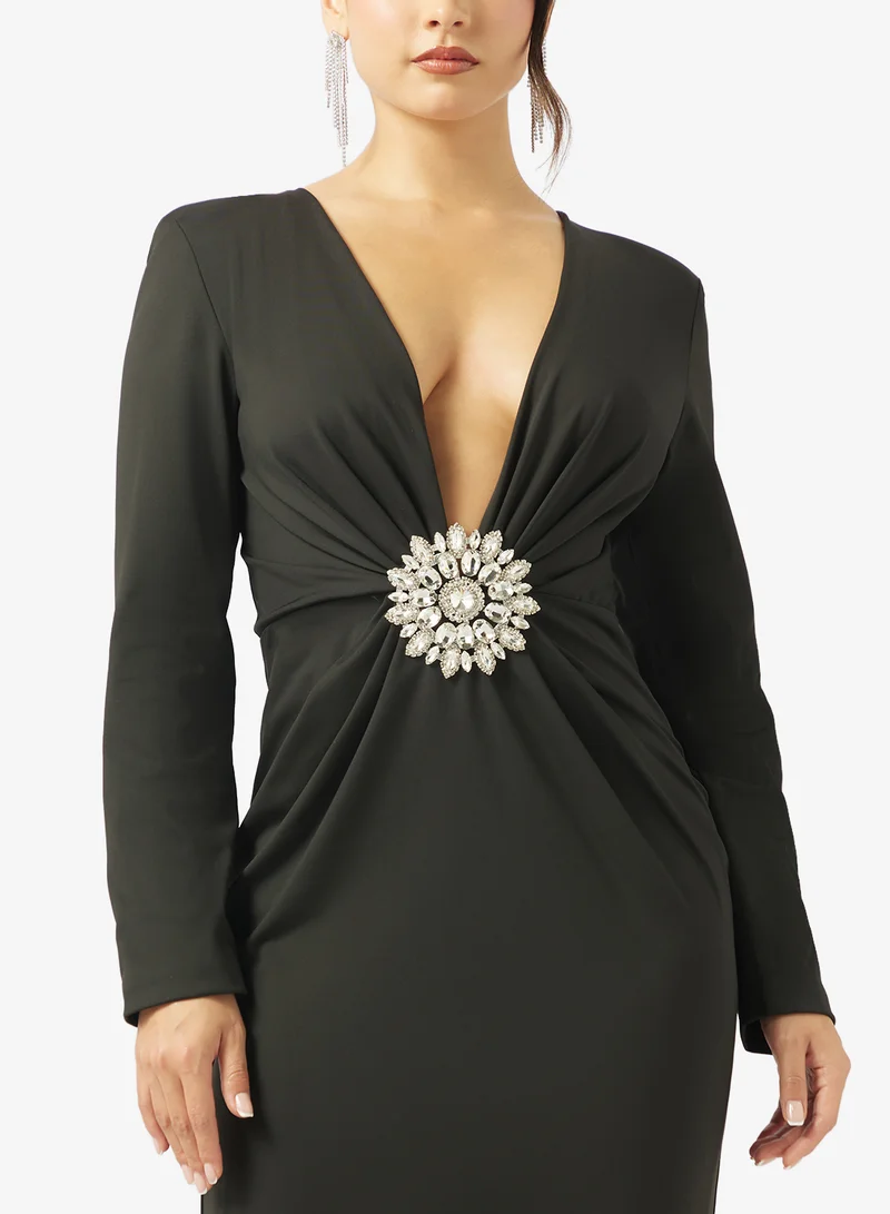Ginger Boutique  Plunge Neck Jewel Embellished Draped Dress for Women | Best Price UAE